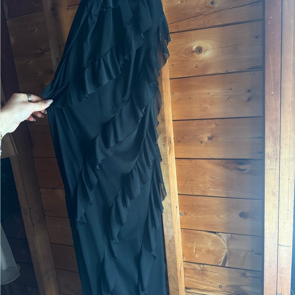 Black Ruffled Maxi Dress- Women's Elegant Evening